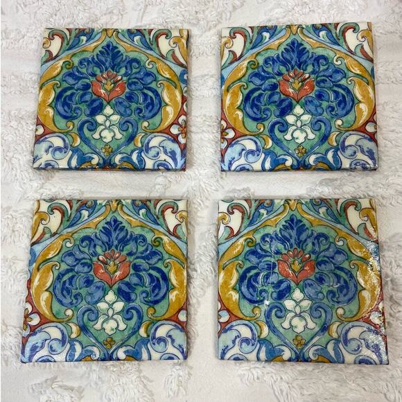 HANDMADE Cork Coaster Set of 4 Spanish Tile Style Vibrant Hacienda Tuscan Casita - Picture 3 of 6